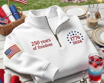 Sudadera con cremallera de un cuarto, bordada, del 250 aniversario de EE. UU., 1776–2026, patriótica, 250 años de Estados Unidos, regalo del 4 de julio