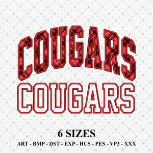 May include: A digital design featuring the word "COUGARS" in two styles. The top text is in a red plaid pattern, arched above the word "COUGARS" in a red outline. The image includes "6 SIZES" and file type abbreviations.