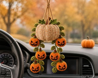 Crochet Pumpkin Car Hanging Plant, Halloween Car Charm, Handmade Rearview Mirror Decor, Spooky Car Accessory, Cute Halloween Gift