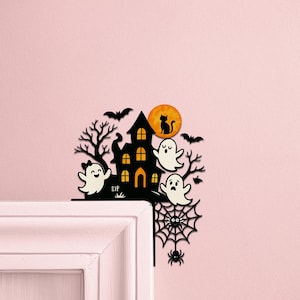 Halloween Door Corner Metal Sign | Haunted Mansion with Ghost Door Topper | Spooky Halloween Silhouette | Haunted House Door Décor Gift