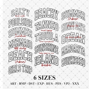 Op de afbeelding: Een digitaal ontwerp met zomerse zinnen in een collegiale lettertype, waaronder "Salty", "Beachy" en "Summer Vibes". Het ontwerp bevat ook de tekst "6 maten" en bestandsinfo.