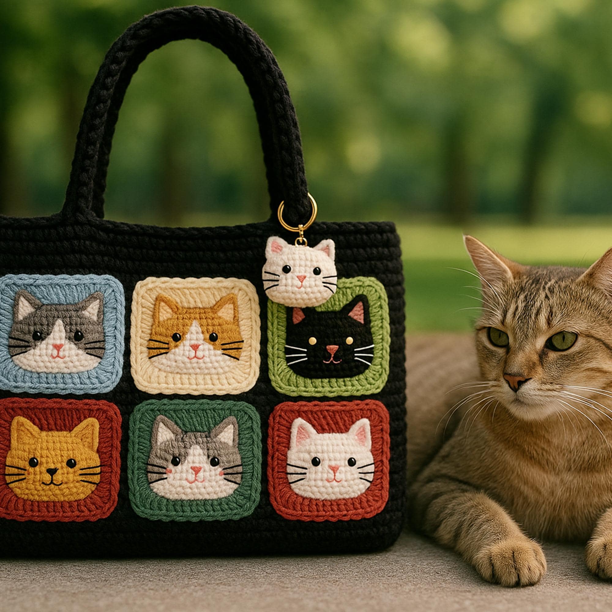 かぎ針編みの猫のトートバッグ：手作りのおばあちゃんのスクエア型財布