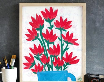 Red Flowers in Blue Vase, Giclee Fine Art Print, Floral Painting