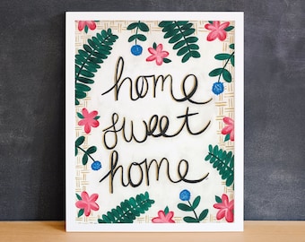 Home Sweet Home, Giclee Art Print, Floral Quote Painting