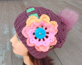 PDF Pattern Only--Flower Belted Hat, Crochet Pattern, Instructions, Slouch Hat, Beanie