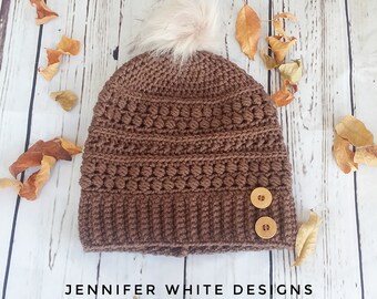 PDF Pattern Only--Forever Frost Crochet Women's Slouch Hat, Pompom beanie, button hat instructions