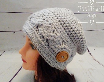 PDF Pattern Only--Lemon Sunrise Crochet Cable Slouch Hat for Women, Cable Beanie, Crochet Pattern, Button Hat