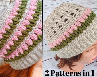 2 Patterns in 1 PDF Pattern Only--The Tiptoe Through Tulips Beanie, Crochet Pattern, Instructions, Slouch Hat, Beanie