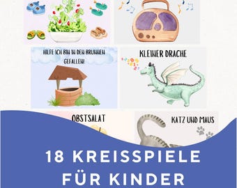 May include: A set of 18 educational cards for children featuring watercolor illustrations and German text. The cards display various scenes including a salad bowl, a radio, a water well, a green dragon, and a cat, with the title 18 KREISSPIELE FÜR KINDER im Postkartenformat.