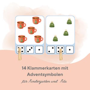 Tarjetas con pinzas de ropa / Calendario de Adviento / Imágenes de dados / Contar / Niños / Jugar / Juegos / Matemáticas / Navidad / Pinza de ropa / Autocorrección