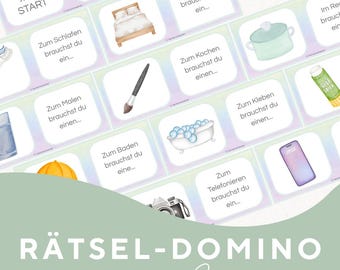 Peut inclure: Un ensemble de cartes de dominos éducatives avec du texte en allemand et des illustrations à l'aquarelle d'objets du quotidien comme un lit, une casserole, un pinceau, une baignoire et un smartphone sur un fond irisé clair.