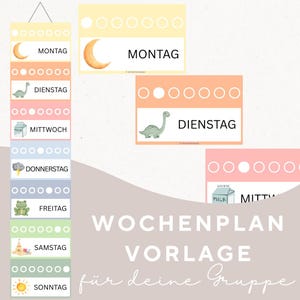 May include: A German weekly planner template with illustrations. Each day of the week is represented with a different image. The text "WOCHENPLAN VORLAGE für deine Gruppe" is also visible. The planner is in various pastel colors.