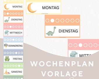 Peut inclure: Un modèle de planificateur hebdomadaire en allemand avec des illustrations. Chaque jour de la semaine est représenté par une image différente. Le texte "WOCHENPLAN VORLAGE für deine Gruppe" est également visible.