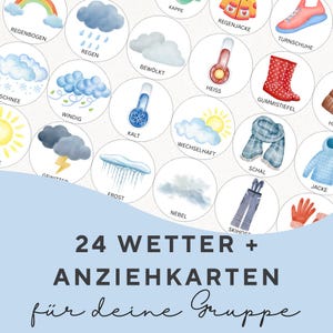 Op de afbeelding: Een verzameling van 24 weerkaarten met aquarel illustraties van weersomstandigheden en kleding. De kaarten bevatten afbeeldingen van een regenboog, regen, wolken en een thermometer. De tekst op de afbeelding luidt "24 Wetter + Anziehkarten für deine Gruppe."