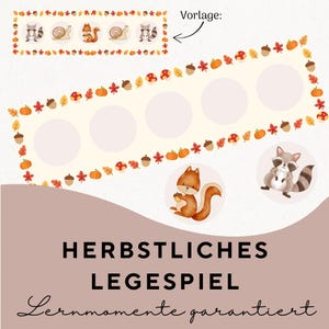 Pode incluir: Um jogo educativo com tema de outono com fundo bege. O jogo apresenta ilustrações de um esquilo, um caracol e um guaxinim, juntamente com abóboras, bolotas e folhas. O texto "HERBSTLICHES LEGESPIEL Lernmomente garantiert" é exibido.