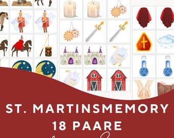 Peut inclure: Ensemble de cartes illustrées avec des images de bougies, d'épées, de châteaux et d'une oie. Les cartes sont disposées en grille, avec le texte "ST. MARTINSMEMORY" et "18 PAIRES" en bas, sur fond rouge.