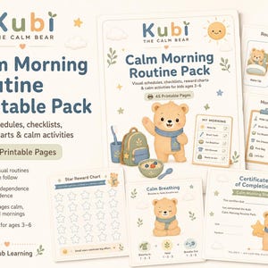Op de afbeelding: Een printbaar pakket voor kinderen van 3-6 jaar, ontworpen voor een rustige ochtendroutine. Het bevat visuele schema's, checklists, beloningskaarten en rustgevende activiteiten. Het ontwerp toont een vriendelijke beer en bevat 45 printbare pagina's.