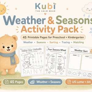 Puede incluir: Un paquete de actividades de clima y estaciones Kubi The Calm Bear con 45 páginas imprimibles para preescolar y jardín de infantes. El set incluye hojas de trabajo sobre clima, estaciones, clasificación, trazo y emparejamiento con un oso.