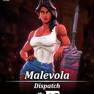 Puede incluir: Una figura femenina de piel roja con cuernos y cabello negro, que lleva una camiseta sin mangas blanca y pantalones cortos de mezclilla. La figura sostiene un arma grande. Se muestra el texto "Malevola Dispatch", junto con "1:7 Scale Figure".