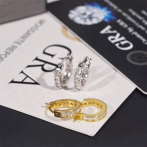 Hip hop 18k gold plated 2mm Moissanite hoop earrings, GRA Certified moissanite, hoop earrings,  pass diamond tester, diamond hoop earrings