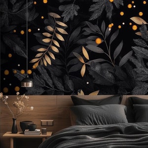 Carta da parati con foglie scure, murale con accenti astratti arancioni, arte murale, arredamento per la casa, autoadesivo, stacca e attacca o vinile tradizionale #228