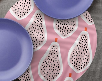 Round Garden Table Placemats, papaya fruit pattern, abstract pink print, PVC table mat, table runner, home decoration, housewarming gift