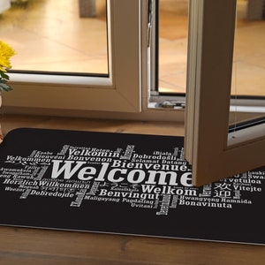 Alfombra de puerta de bienvenida en blanco y negro, alfombra interior moderna, felpudo para el hogar impreso, decoración del hogar, regalo de inauguración de la casa personalizable, hermosa decoración