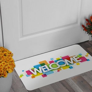 Alfombra colorida de la puerta de bienvenida, alfombra interior moderna, felpudo casero impreso, decoración del hogar, regalo de inauguración de la casa personalizable, hermosa decoración