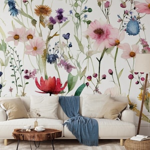 Floral watercolor wallpaper, flowers and herbs wall mural, wall art, home decor, self adhesive, peel and stick or traditional vinyl #287