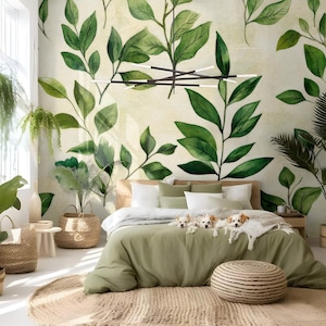 Carta da parati con foglie verdi acquerellate, murale botanico, arte murale, arredamento per la casa, autoadesiva, stacca e attacca o vinile tradizionale #90