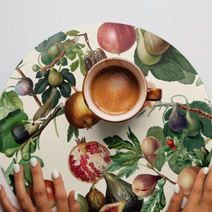 Runda bordsunderlägg med fruktmotiv, botaniskt tryck, PVC-bordsunderlägg, bordslöpare, heminredning, inflyttningspresent