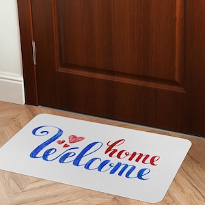 Bienvenido alfombra de puerta azul y roja, alfombra interior moderna, felpudo casero impreso, decoración del hogar, regalo de bienvenida personalizable, hermosa decoración