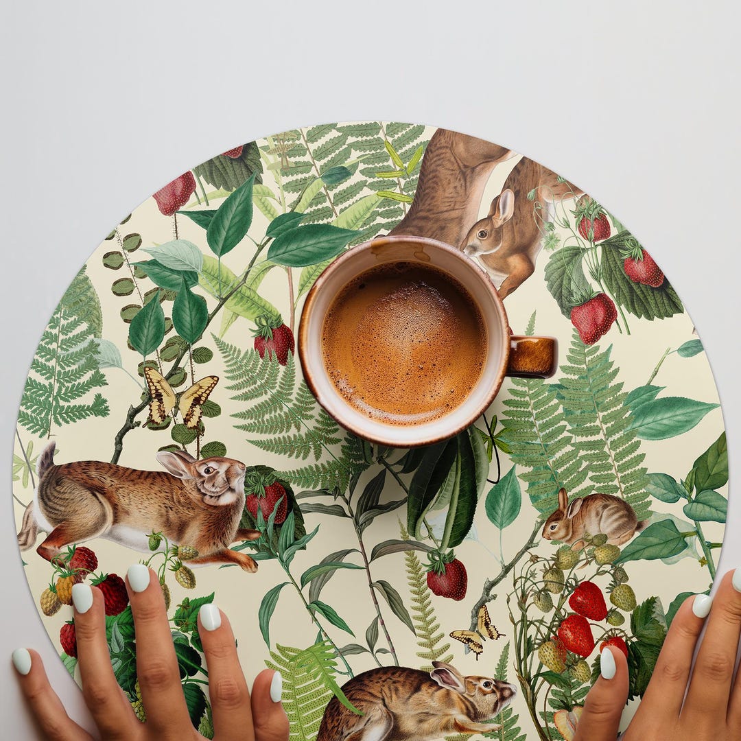 Rabbit & Leaf Round Coffee Table Placemats, Botanical Print, PVC Table ...