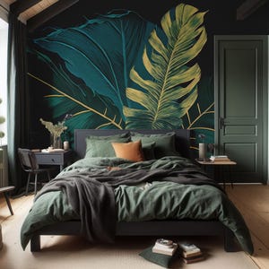 Carta da parati con foglie tropicali scure, murale botanico scuro, arte murale, decorazioni per la casa, autoadesivo, stacca e incolla o vinile tradizionale n. 7