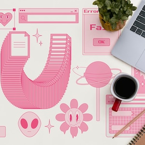 Betriebssystem-Fehlermeldung-Schreibtischunterlage, Y2K-Matte, rosa Retro-Druck, Schreibtisch- und Tischdekoration, abziehen und aufkleben (selbstklebend) oder nicht klebend