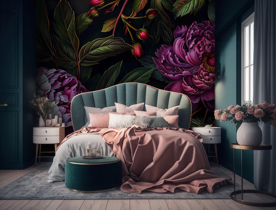 Dark Floral Wallpaper, Purple Peonies Wall Mural, Wall Art, Home Decor ...