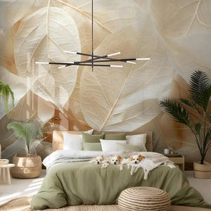 Carta da parati con foglie beige, murale botanico, arte murale, arredamento per la casa, autoadesiva, stacca e attacca o vinile tradizionale #112
