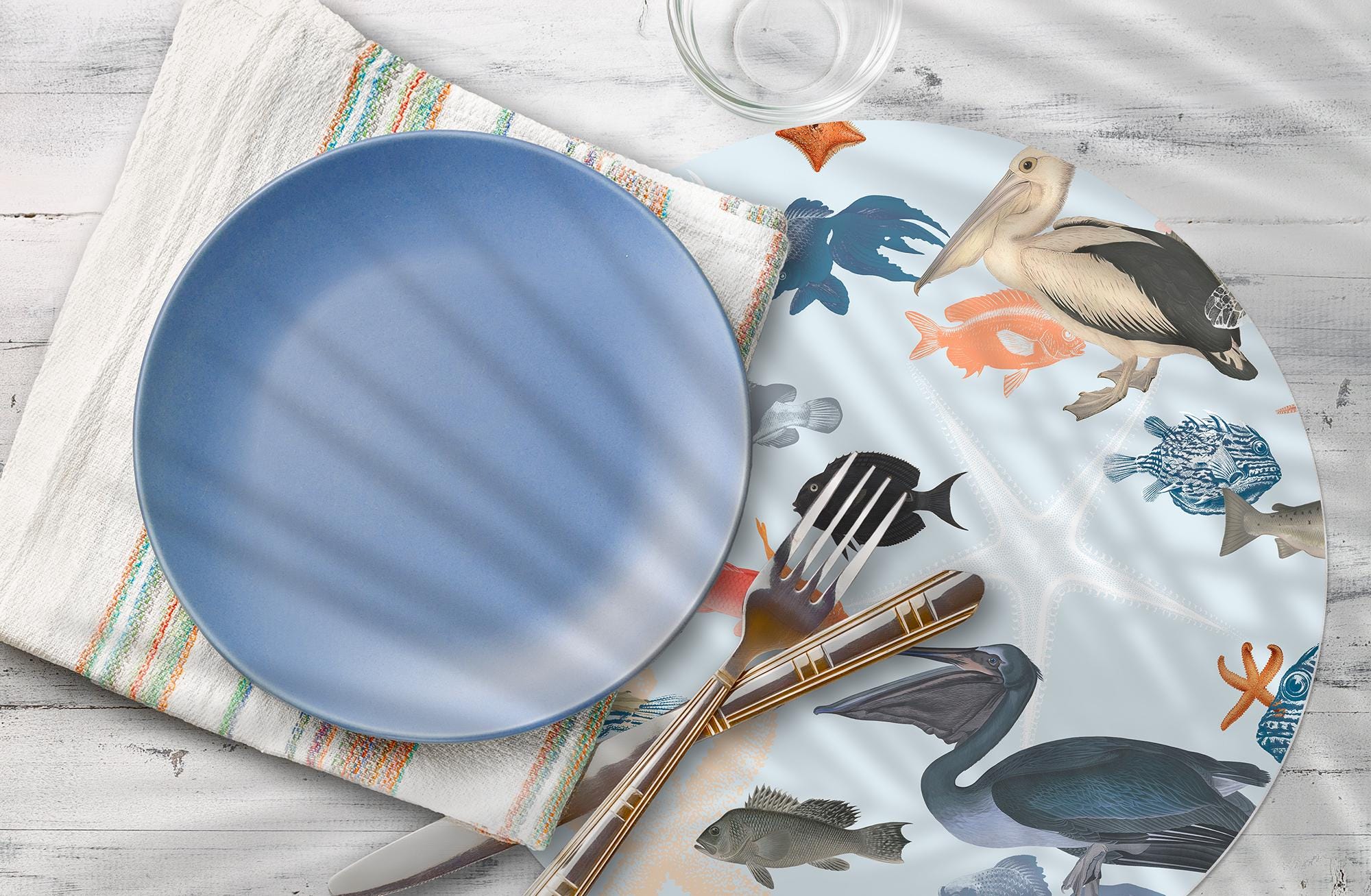 Round Garden Table Placemats, sea animal pattern, bird and fish print, PVC blue table mat, table runner, home decoration, housewarming gift
