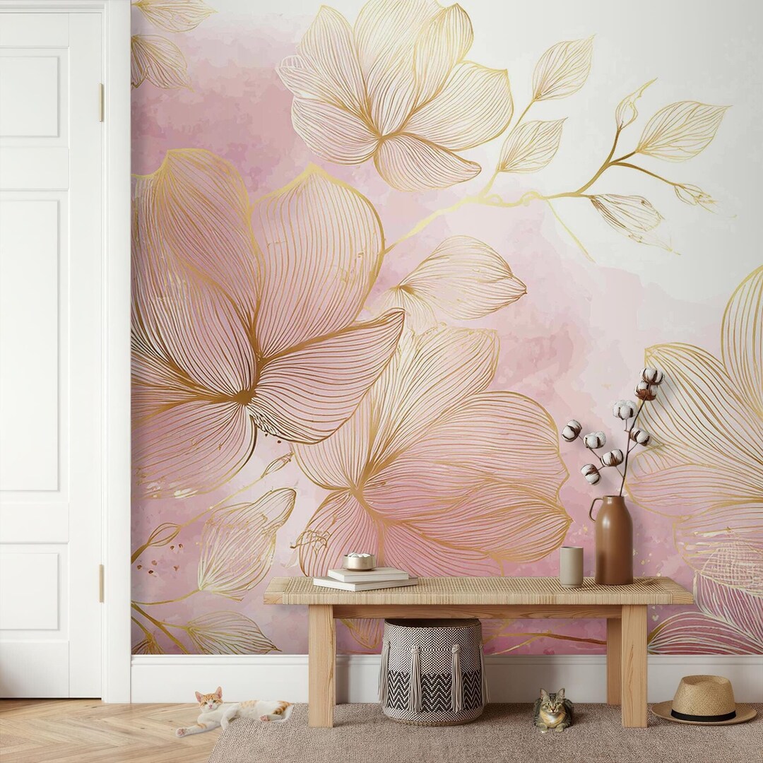 Watercolor Pink Floral Wallpaper, Flower Wall Mural, Wall Art, Home ...