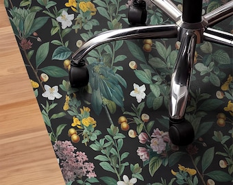 Dark botanical square chair mat, Home Office Chair Mat, PVC Chair Carpet, waterproof room decor, self adhesive or non-adhesive Vinyl Rug