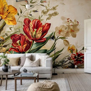 Carta da parati vintage con tulipani e fiori, murale botanico, arte murale, arredamento per la casa, autoadesiva, stacca e attacca o vinile tradizionale #309