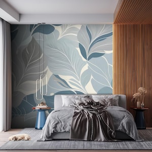 Carta da parati con foglie blu, murale moderno astratto, arte murale, arredamento per la casa, autoadesiva, stacca e attacca o vinile tradizionale #243