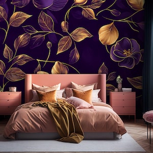 Carta da parati floreale viola scuro, murale botanico, arte murale, arredamento per la casa, autoadesiva, stacca e attacca o vinile tradizionale #259