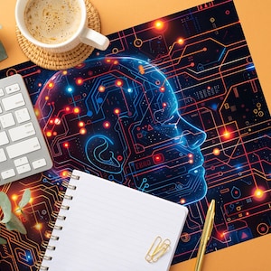 May include: A desk with a keyboard, a notebook, a cup of coffee, and a mouse mat with a digital illustration of a human head with glowing circuit board patterns.