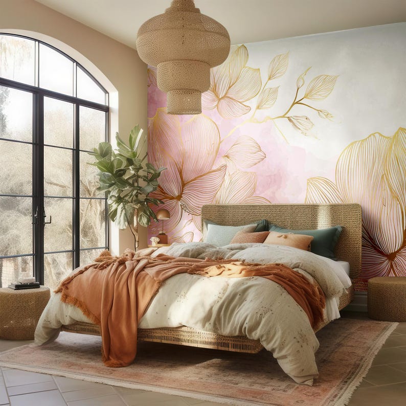 Watercolor Pink Floral Wallpaper, Flower Wall Mural, Wall Art, Home ...