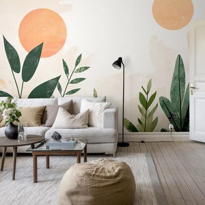 Carta da parati con foglie verdi, murale astratto con sole, arte murale, arredamento per la casa, autoadesiva, stacca e attacca o vinile tradizionale #242