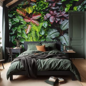 Carta da parati con foglie tropicali verdi e lussureggianti, murales con alberi, arte murale, arredamento per la casa, autoadesiva, stacca e attacca o vinile tradizionale #352
