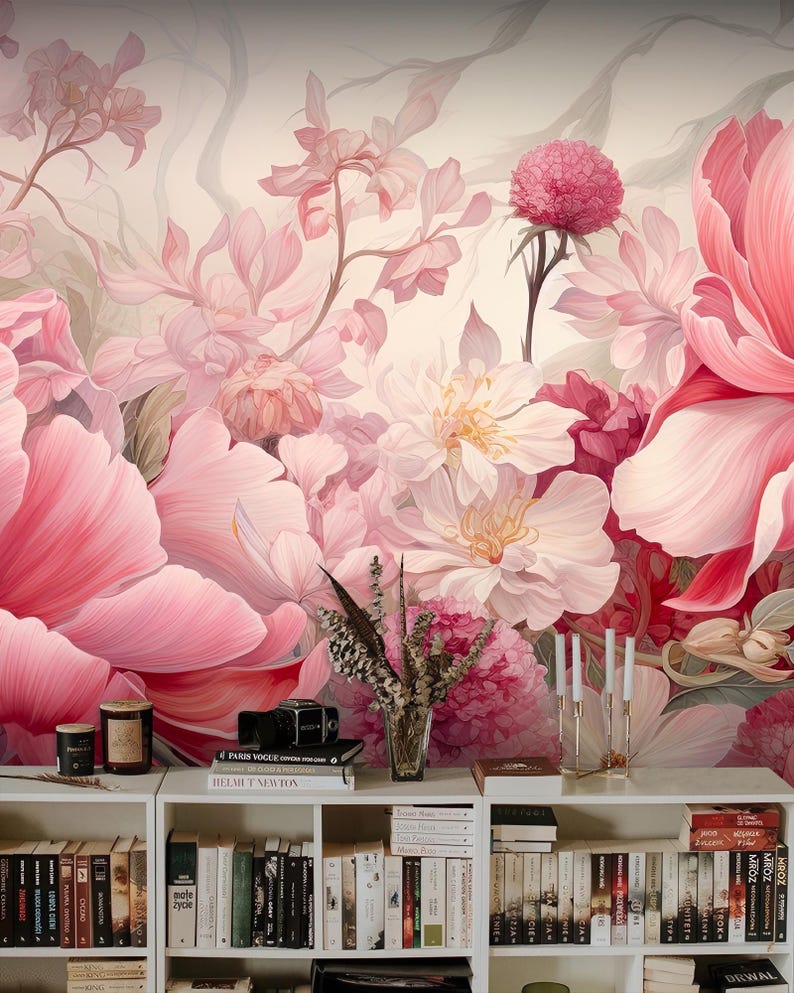 Pink Pastel Floral Wallpaper, Botanical Wall Mural, Wall Art, Home ...