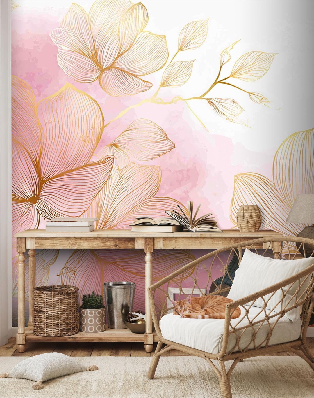 Watercolor Floral Wallpaper, Pink Flowers Wall Mural, Wall Art, Home ...