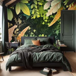 Carta da parati con foglie tropicali, murale astratto, arte murale, arredamento per la casa, autoadesiva, stacca e attacca o vinile tradizionale #357